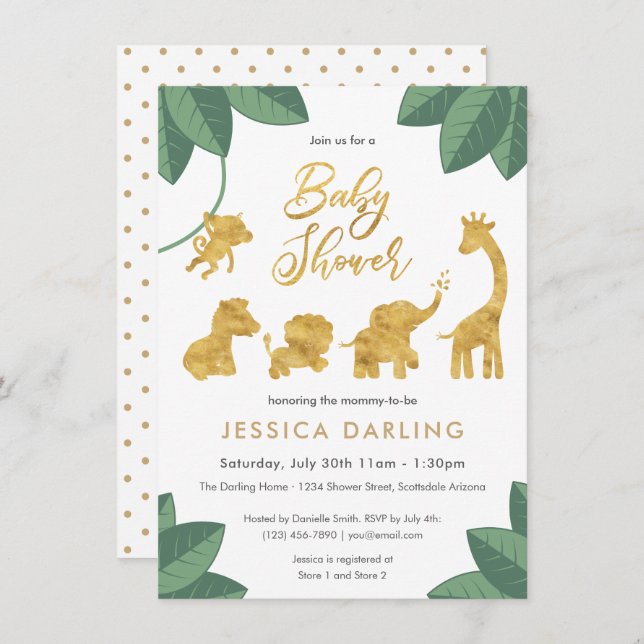 Convites Ouro safari chá de fraldas neutro em termos de gên (Frente/Verso)