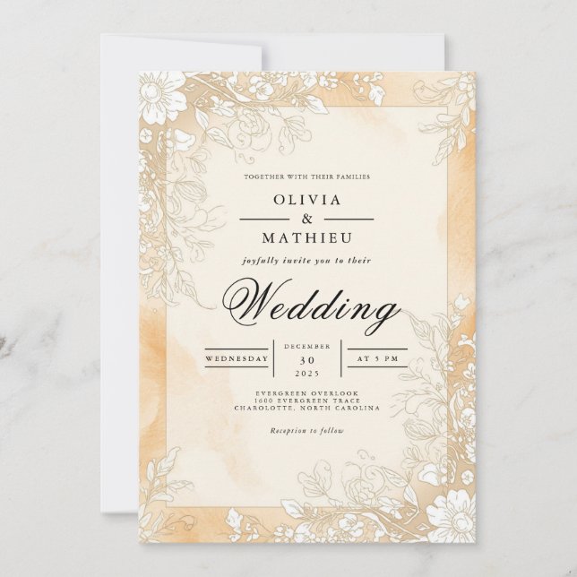 Convites Ouro Sepia Flourish Wedding (Frente)