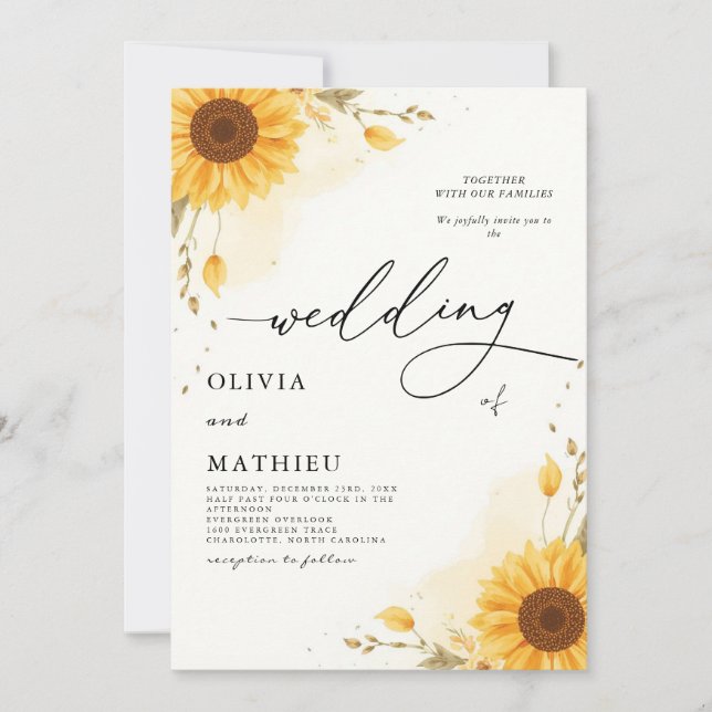 Convites Ouro Sunflower Botanical Romance Weding (Frente)