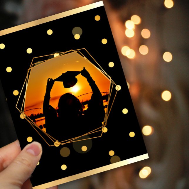 Convites Ouro Sunset Graduação (#graduationsunset #zazzlemade #addphoto #classof2025 #blackandgold #luxury #romantic)