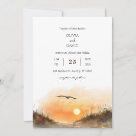 Convites Ouro Sunset Sandy Dunes Watercolor Beach Weding