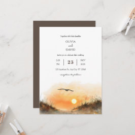 Convites Ouro Sunset Sandy Dunes Watercolor Beach Weding