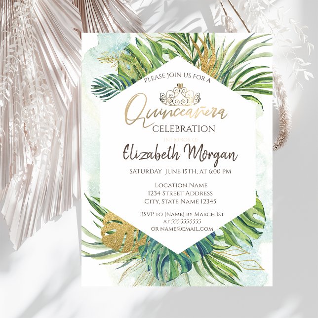 Convites Ouro Tropical Folhas de Palmeira Verão Quinceañera (Criador carregado)