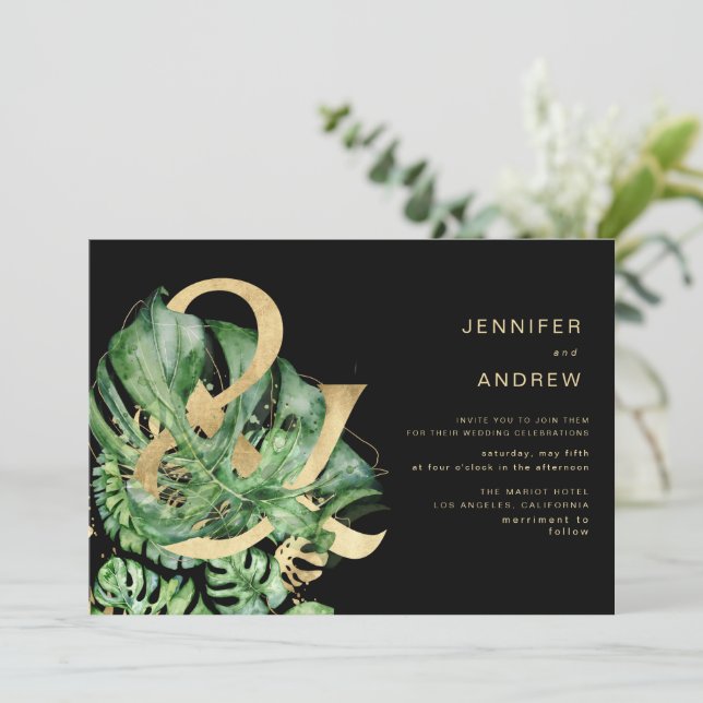 Convites Ouro Tropical Foliage Ampersand Wedding (Em pé/Frente)