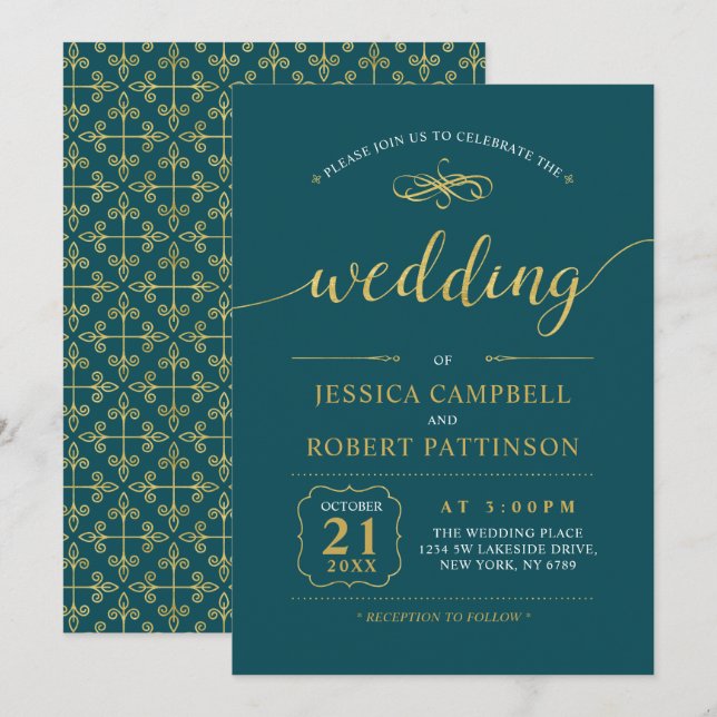 Convites Ouro & Turquesa | Cerimônia de Casamento Clássica  (Frente/Verso)