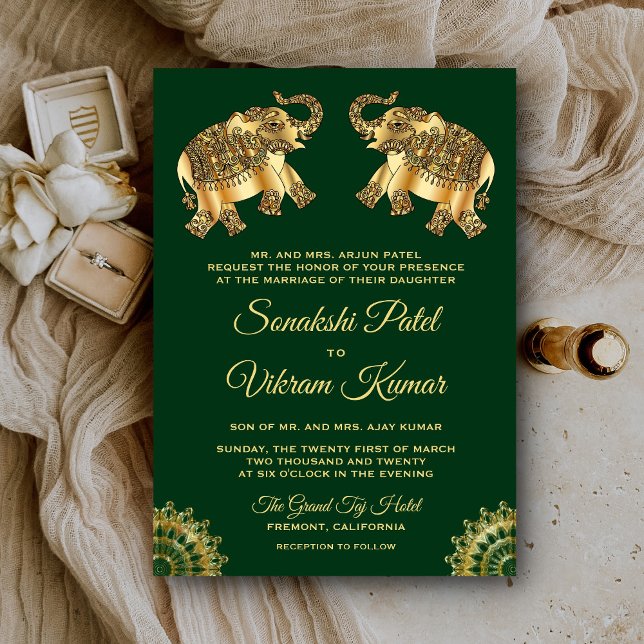 Convites Ouro Verde Elefantes Étnicos Casamento Indiano (Criador carregado)