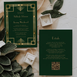 Convites Ouro Verde Geo Vintage Anos 20 Deco Código QR Casa