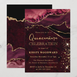 Convites Ouro Vermelho Ágata Brilhante Quinceanera