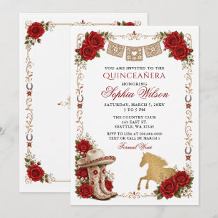 Convites Ouro Vermelho Cavalo Ocidental Floral Charra Quinc