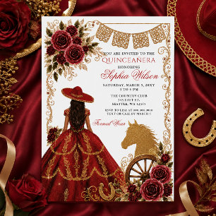 Convites Ouro Vermelho Cavalo Ocidental Floral Charra Quinc