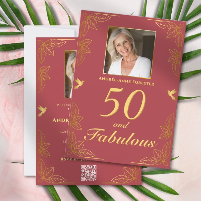 Convites Ouro Vermelho Moderno 50 Código QR de Aniversário  (Criador carregado)