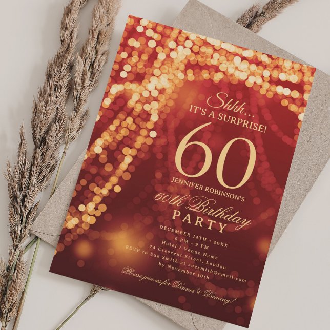 Convites Ouro & Vermelho | Surpresa de 60 anos  (Gold & Red | Surprise 60th Birthday Party Invitation)