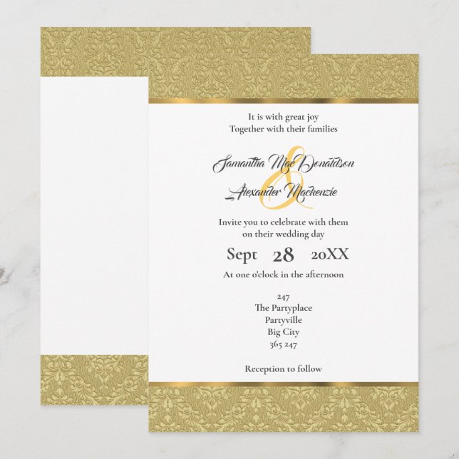 Convites Ouro vintage casamento tema damasco (Frente/Verso)