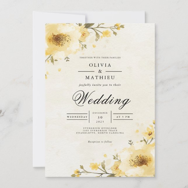 Convites Ouro Yellow Floral Whimsy Casamento (Frente)