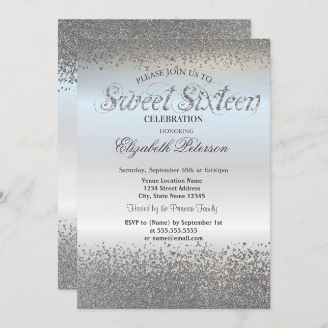 Convites Ouros de prata-chic legantes Confetti Sweet 16 (Frente/Verso)