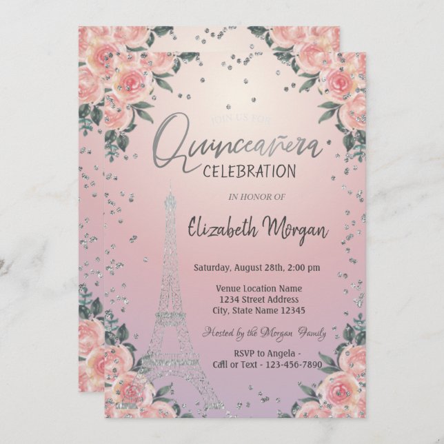 Convites Ouros de Torre Eiffel Flores Rosa Quinceañera (Frente/Verso)