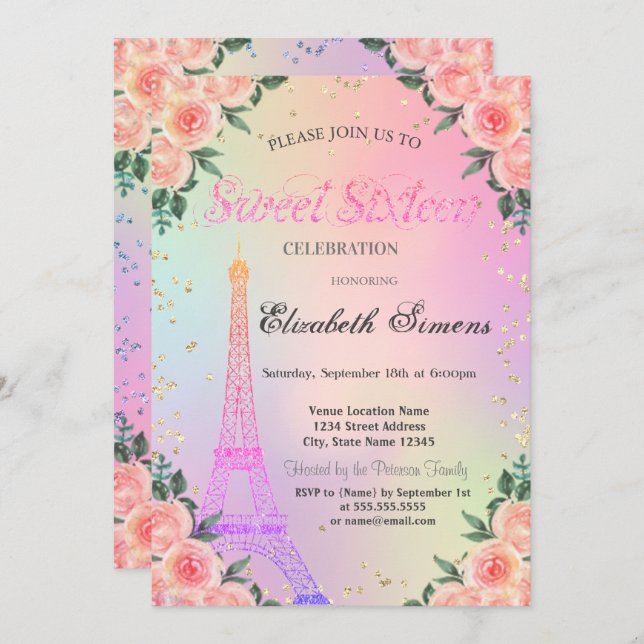 Convites Ouros de Torre Eiffel Rosa Holographic Sweet 16 (Frente/Verso)