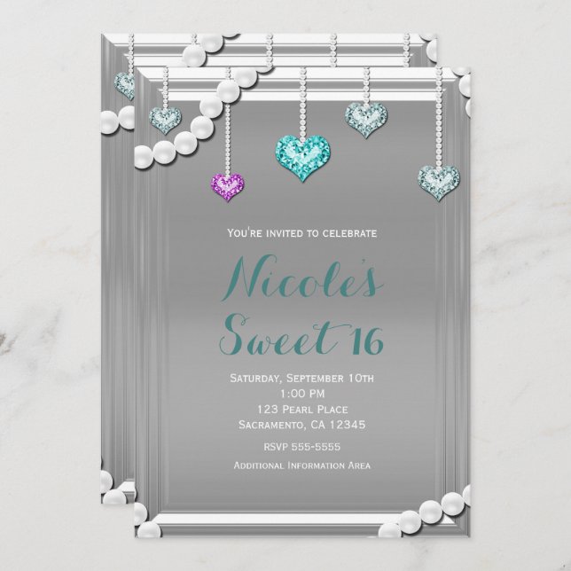 Convites Ouros e Pérolas Bling Joias Festa de aniversário (Frente/Verso)