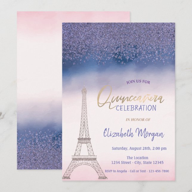 Convites Ouros,Eiffel Tower Ombre Quinceanera (Frente/Verso)