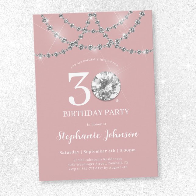 Convites Ouros Elegantes - aniversário de 30 anos Rosa Esbr (Elegant Diamonds Blush Pink 30th Birthday Invitation)