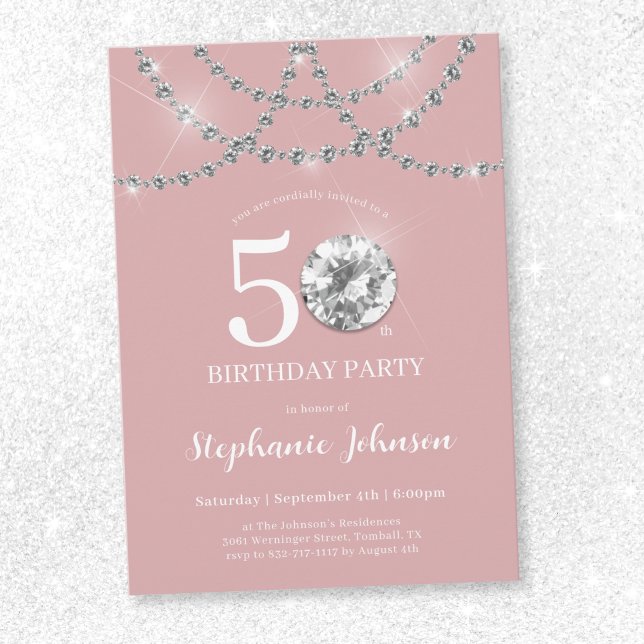 Convites Ouros Elegantes Blush Pink 50º Aniversário (Elegant Diamonds Blush Pink 50th Birthday Invitation)
