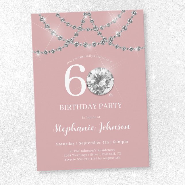 Convites Ouros Elegantes Blush Pink 60º Aniversário (Elegant Diamonds Blush Pink 60th Birthday Invitation)