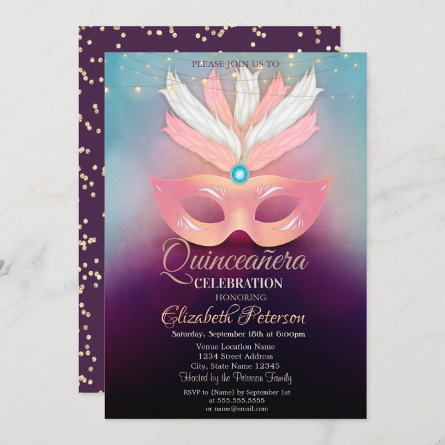 Convites Ouros,Masque,Luzes,Masquerad Quinceañera (Frente/Verso)