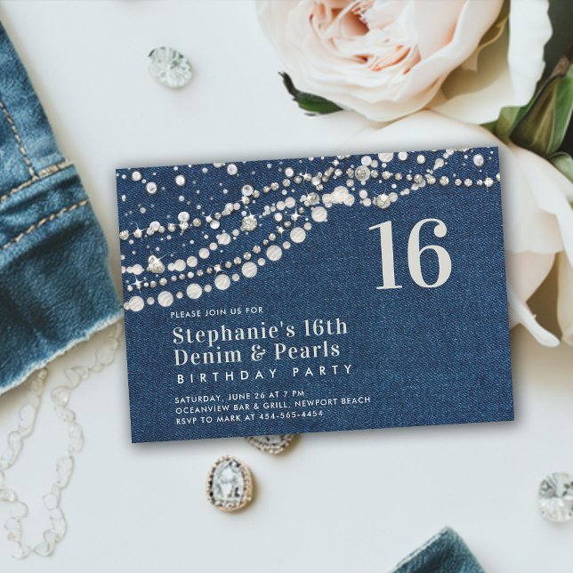 Convites Ouros Pearls Denim Elegante Clássico Sweet 16 (denim diamonds pearls sweet 16 birthday party invitation modern contemporary classy elegant chic)