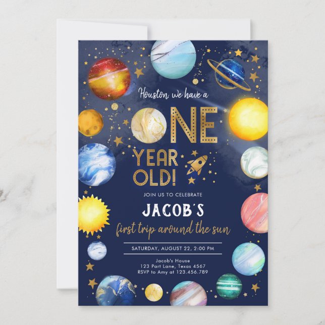 Convites Outer Space Astronaut Planet Galaxy 1st Birthday (Frente)
