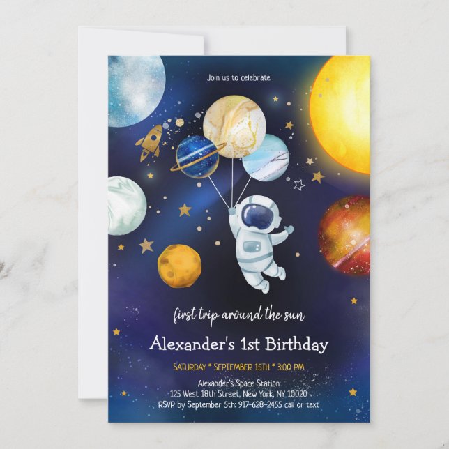 Convites Outer Space Astronaut Planet Galaxy 1st Birthday (Frente)