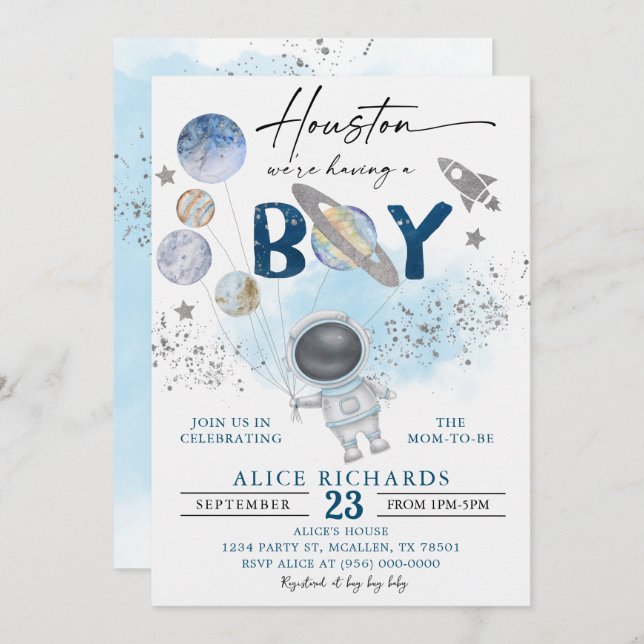 Convites Outer Space Boy Baby Shower Galaxy Baby Shower (Frente/Verso)