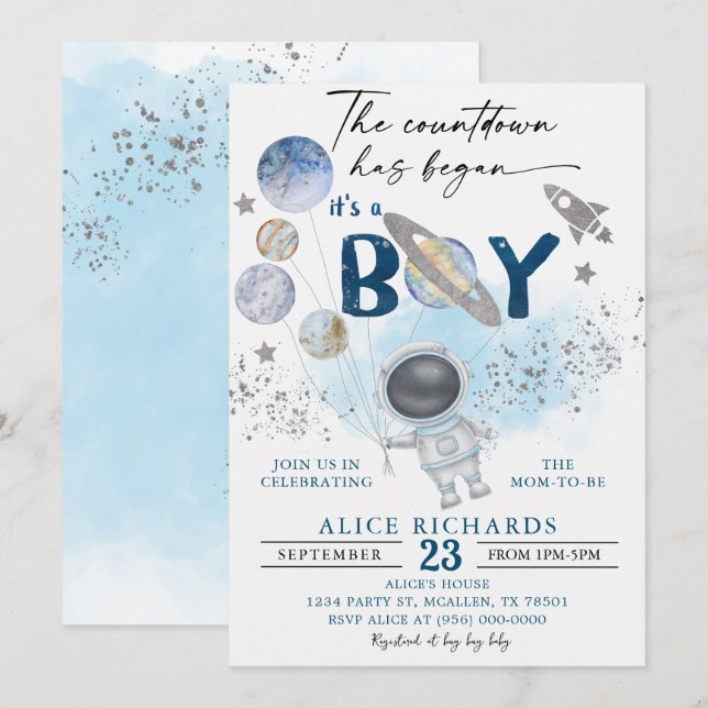 Convites Outer Space Boy Baby Shower Galaxy Baby Shower (Frente/Verso)