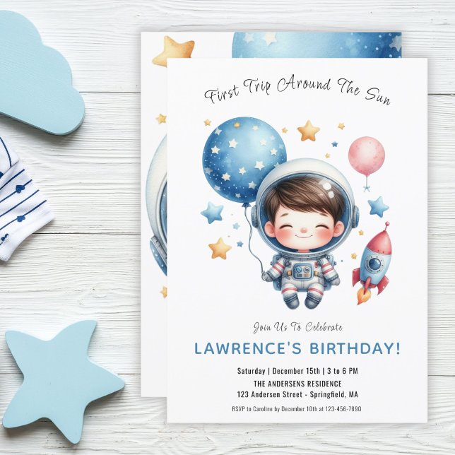 Convites Outer Space Cute Austronaut Boy 1rua Primeiro Aniv (Outer Space Cute Austronaut Boy 1st First Birthday Invitation)