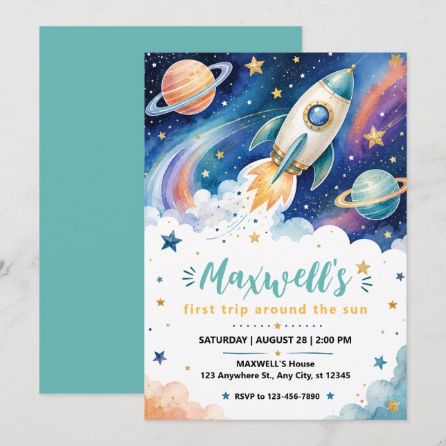 Convites Outer Space First Birthday Invitation (Frente/Verso)