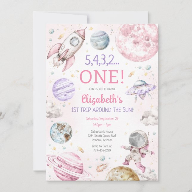 Convites Outer Space First Trip Around The Sun 1st Birthday (Frente)