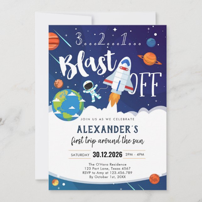 Convites Outer Space First Trip Around the Sun 1st Birthday (Frente)