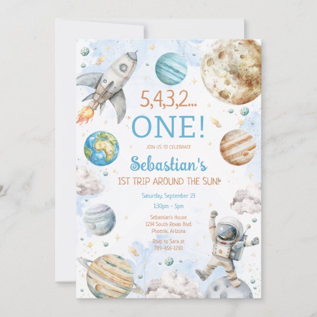 Convites Outer Space First Trip Around The Sun 1st Birthday (Frente)