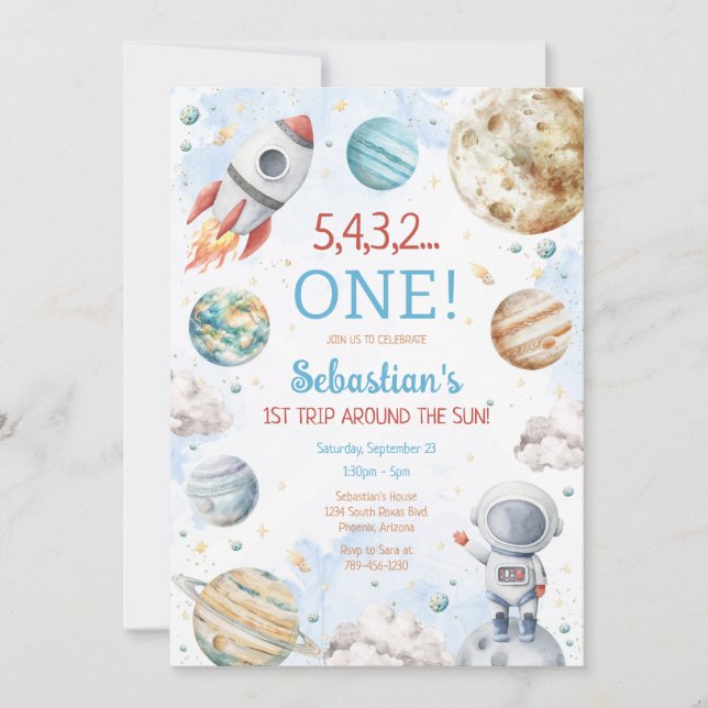 Convites Outer Space First Trip Around The Sun 1st Birthday (Frente)