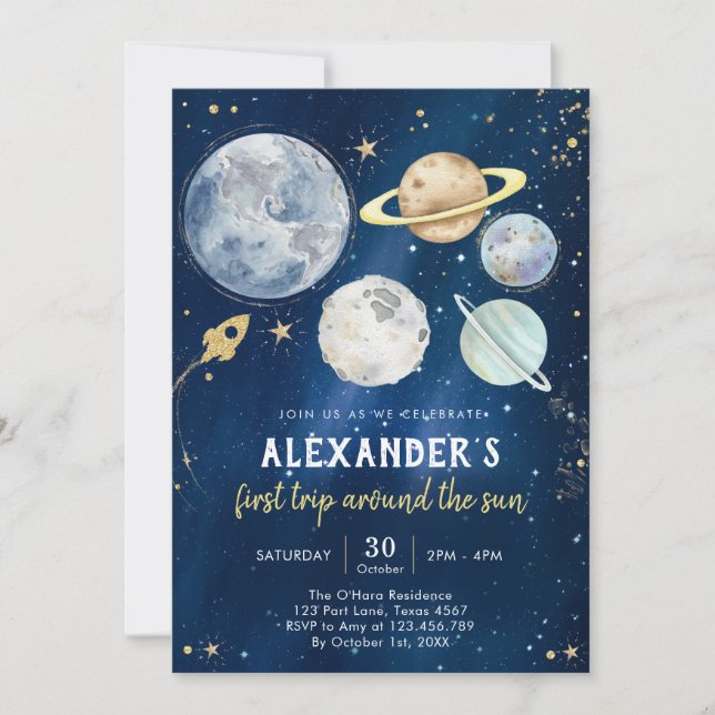 Convites Outer Space First Trip Around the Sun 1st Birthday (Frente)