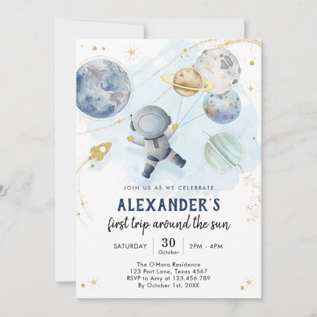 Convites Outer Space First Trip Around the Sun 1st Birthday (Frente)