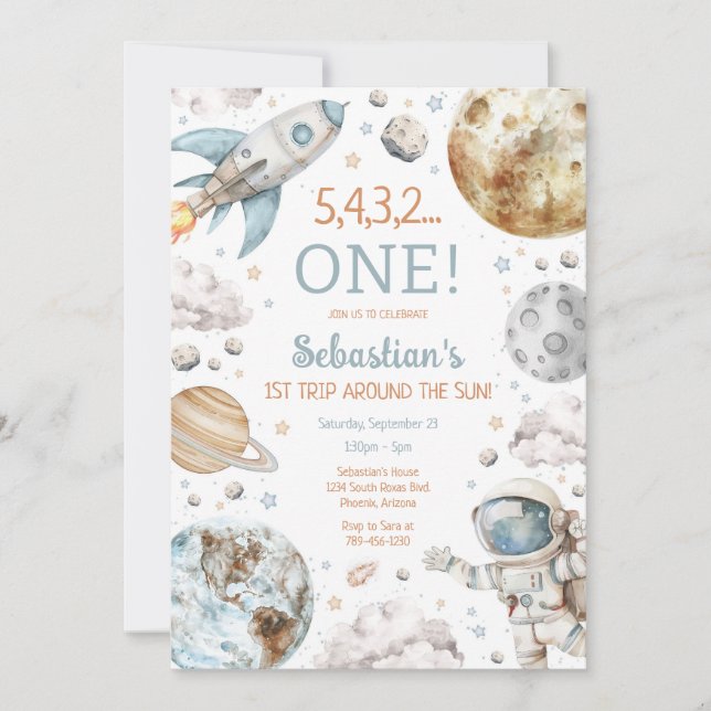 Convites Outer Space First Trip Around The Sun 1st Birthday (Frente)