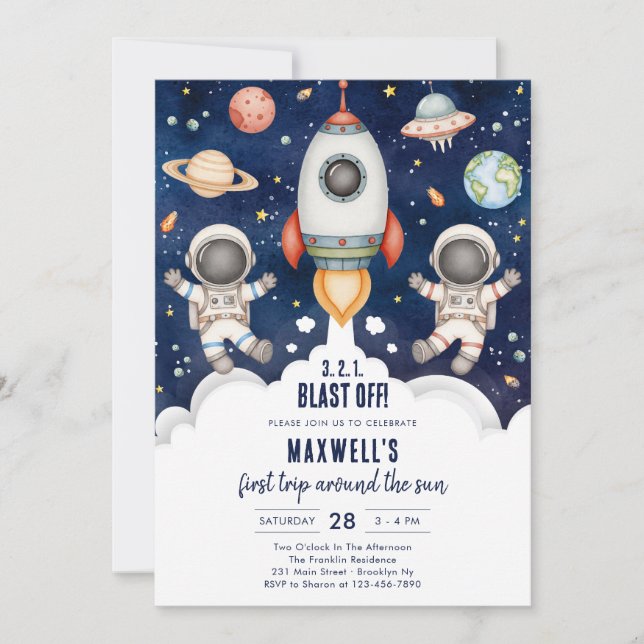 Convites Outer Space Planets Astronaut Boy Birthday (Frente)