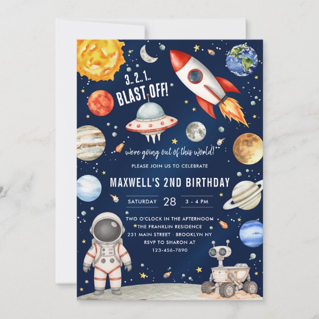 Convites Outer Space Planets Astronaut Boy Birthday (Frente)