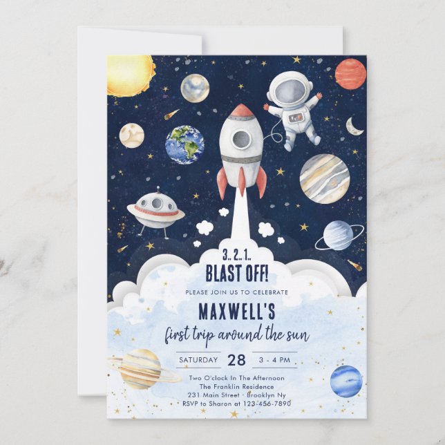 Convites Outer Space Planets Astronaut Boy Birthday (Frente)