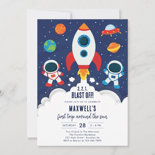 Convites Outer Space Planets Astronaut Boy Birthday (Frente)
