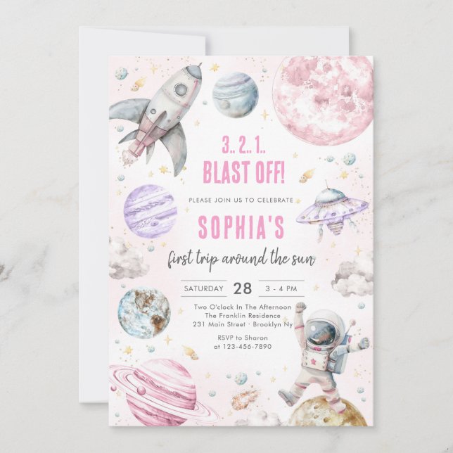 Convites Outer Space Planets Astronaut Girl Birthday (Frente)
