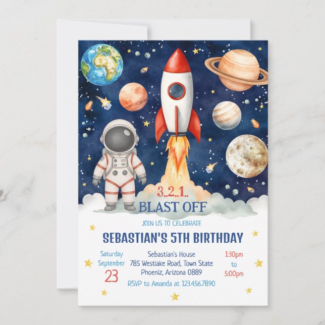 Convites Outer Space Rocket Ship Astronaut Galaxy Birthday  (Frente)