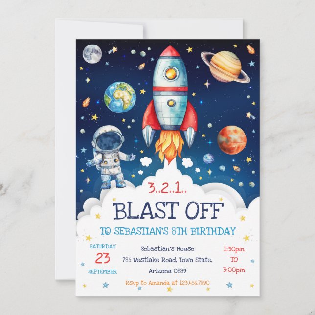 Convites Outer Space Rocket Ship Astronaut Galaxy Birthday  (Frente)