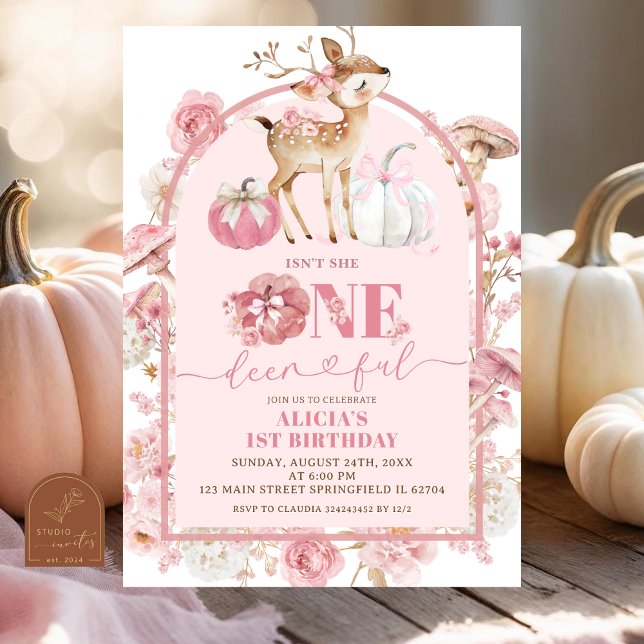 Convites Outono Abóbora Branca e Rosa Onedeerful Aniversári (Criador carregado)