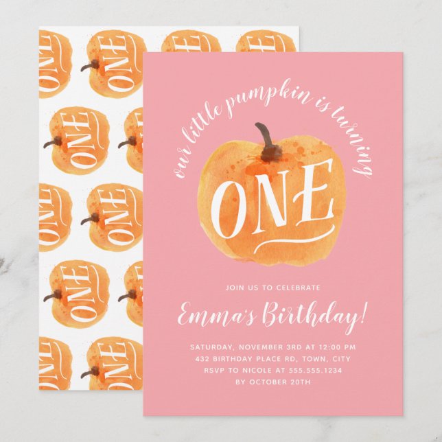 Convites outono Abóbora outono Primeiro Aniversário Rosa (Frente/Verso)